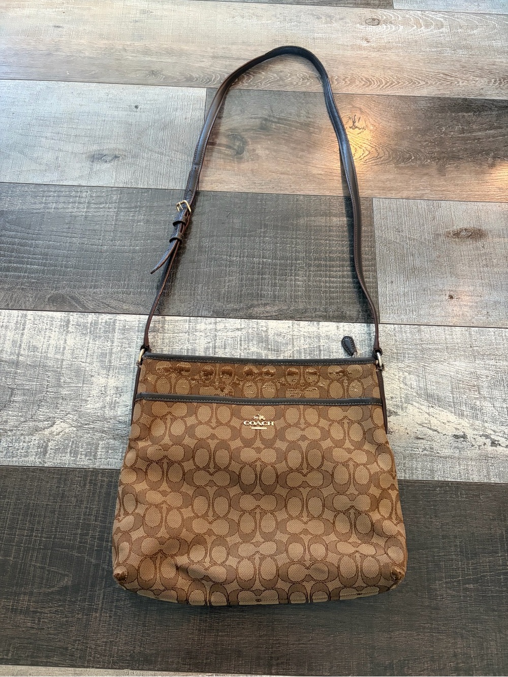Coach F58285 Signature Jacquard File Crossbody Bag Khaki Brown